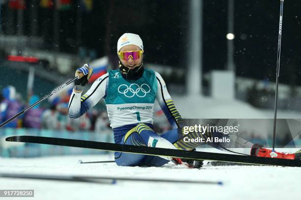 Stina Nilsson of Sweden celebrates winning gold during the Cross-Country Ladies' Sprint Classic Final on day four of the PyeongChang 2018 Winter...