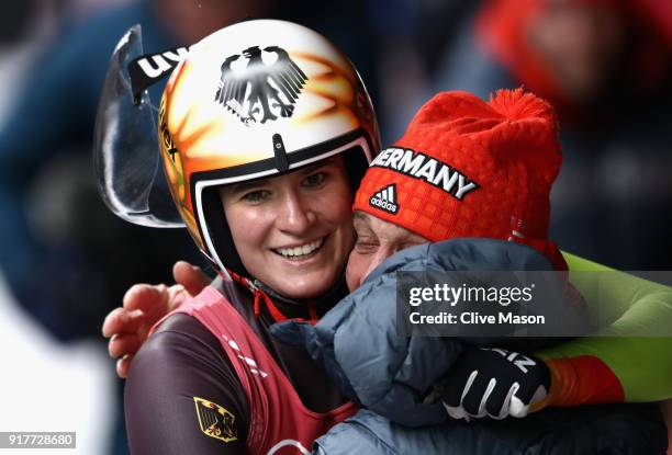 Natalie Geisenberger of Germany celebrates winning the gold medal during the Luge Women's Singles on day four of the PyeongChang 2018 Winter Olympic...