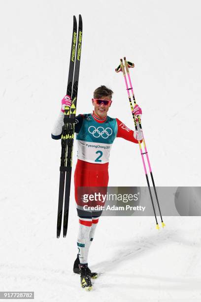 Gold medalist Johannes Hoesflot Klaebo of Norway celebrates during the Cross-Country Men's Sprint Classic Final on day four of the PyeongChang 2018...