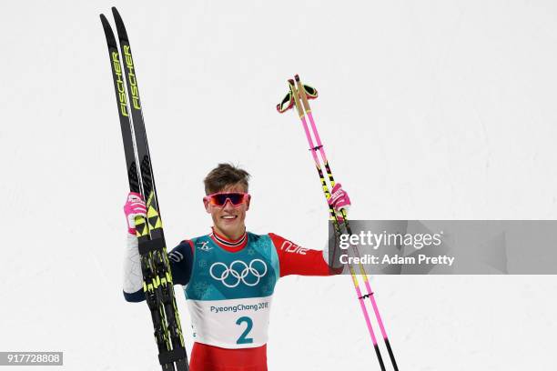 Gold medalist Johannes Hoesflot Klaebo of Norway celebrates during the Cross-Country Men's Sprint Classic Final on day four of the PyeongChang 2018...