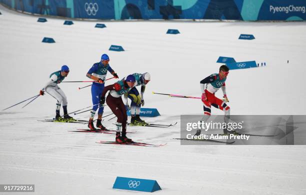 Johannes Hoesflot Klaebo of Norway leads the field during the Cross-Country Men's Sprint Classic Final on day four of the PyeongChang 2018 Winter...