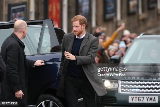 Prince Harry arrives at Edinburgh Castle on February 13, 2018 in Edinburgh, Scotland.
