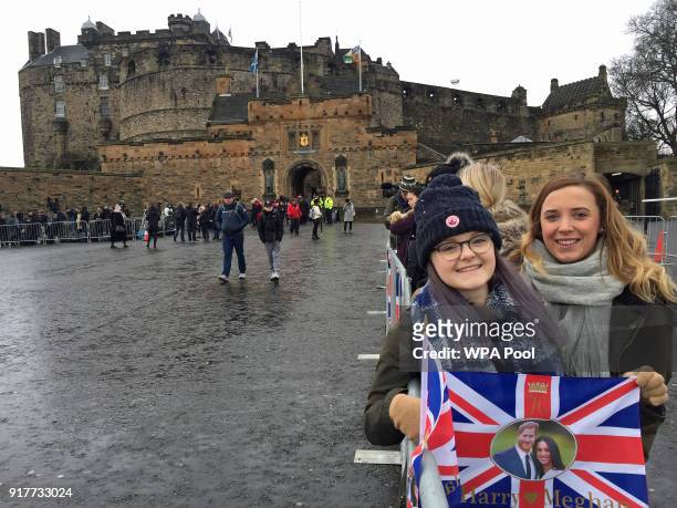 Scottish students Alice McCourt and Maggie Binnie outside Edinburgh Castle ahead of Prince Harry and Meghan Markle's visit to Edinburgh Castle with...
