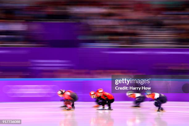 Charle Cournoyer of Canada leads during the Men's 5000m Relay Short Track Speed Skating heat 1 on day four of the PyeongChang 2018 Winter Olympic...