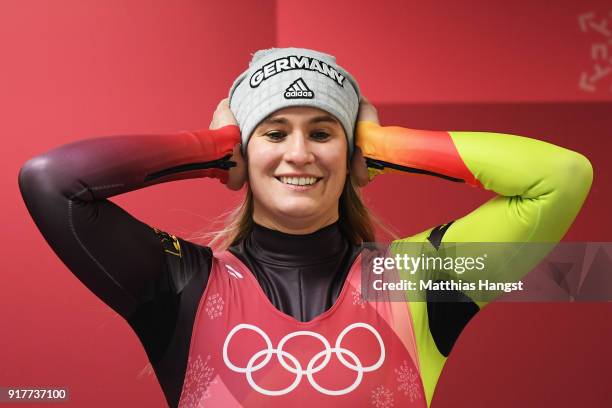 Natalie Geisenberger of Germany celebrates winning the Luge Women's Singles on day four of the PyeongChang 2018 Winter Olympic Games at Olympic...