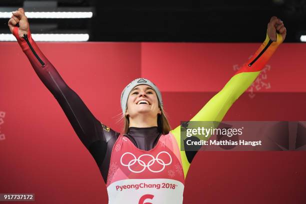 Natalie Geisenberger of Germany celebrates winning the Luge Women's Singles on day four of the PyeongChang 2018 Winter Olympic Games at Olympic...