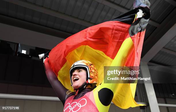 Natalie Geisenberger of Germany celebrates winning the Luge Women's Singles on day four of the PyeongChang 2018 Winter Olympic Games at Olympic...