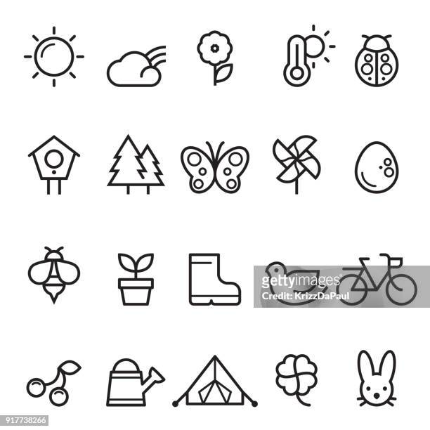 summer spring thin line icons - bird feeder stock illustrations