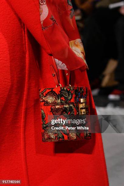 Model, bag detail, walks the runway at Oscar De La Renta fashion show during February 2018 New York Fashion Week at The Cunard Building on February...