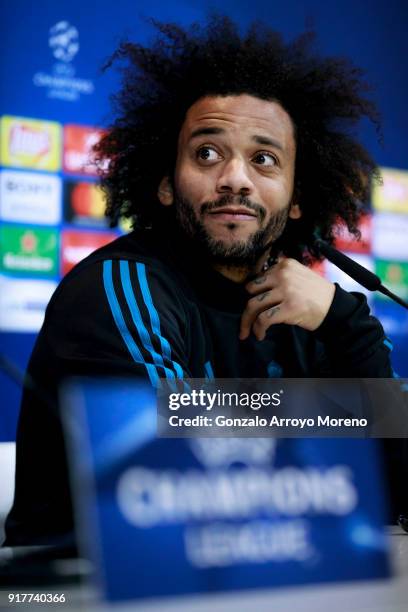 Marcelo of Real Madrid CF attends a press conference at Valdebebas training ground ahead their Round of 16 first leg UEFA Champions League match...