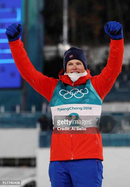 Gold medalist Johannes Hoesflot Klaebo of Norway celebrates during the victory ceremony for the Cross-Country Men's Sprint Classic Final on day four...