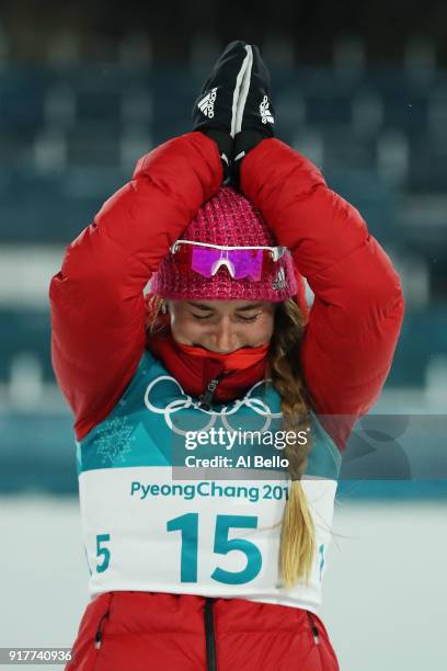 Bronze medalist Yulia Belorukova of Olympic Athlete from Russia celebrates during the victory ceremony for the Cross-Country Ladies' Sprint Classic...