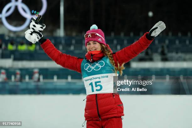 Bronze medalist Yulia Belorukova of Olympic Athlete from Russia celebrates during the victory ceremony for the Cross-Country Ladies' Sprint Classic...