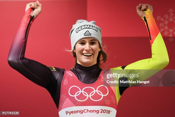 Natalie Geisenberger of Germany celebrates winning the Luge Women's Singles on day four of the PyeongChang 2018 Winter Olympic Games at Olympic...