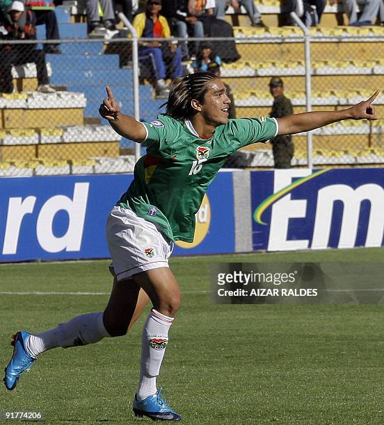 Bolivia's player Marcelo Martins celebrates after scoring against Brazil during a FIFA World Cup South Africa-2010 qualifier football match at the...