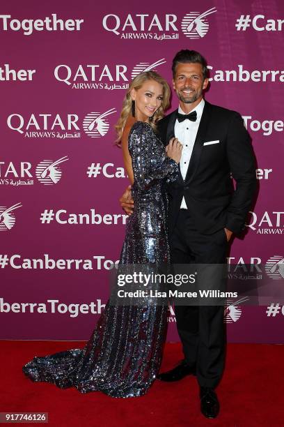 Anna Heinrich and Tim Robards arrive at the Qatar Airways Canberra Launch gala dinner on February 13, 2018 in Canberra, Australia.