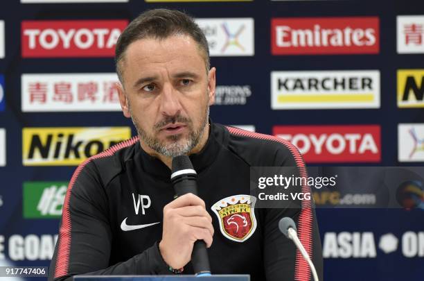 Head coach Vitor Pereira of Shanghai SIPG attends a press conference after the 2018 AFC Champions League Group F match between Kawasaki Frontale and...
