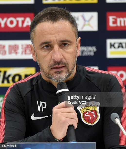 Head coach Vittor Pereira of Shanghai SIPG attends a press conference after the 2018 AFC Champions League Group F match between Kawasaki Frontale and...
