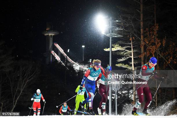 Yulia Belorukova of Olympic Athlete from Russia leads Jessica Diggins of the United States during the Cross-Country Ladies' Sprint Classic Semifinal...
