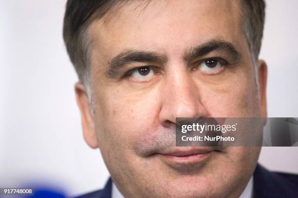 Former Georgian President Mikheil Saakashvili, after deportation from Ukraine to Poland, attends his hirst press conference in Warsaw on February 13,...