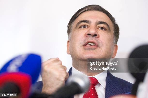 Former Georgian President Mikheil Saakashvili, after deportation from Ukraine to Poland, attends his hirst press conference in Warsaw on February 13,...