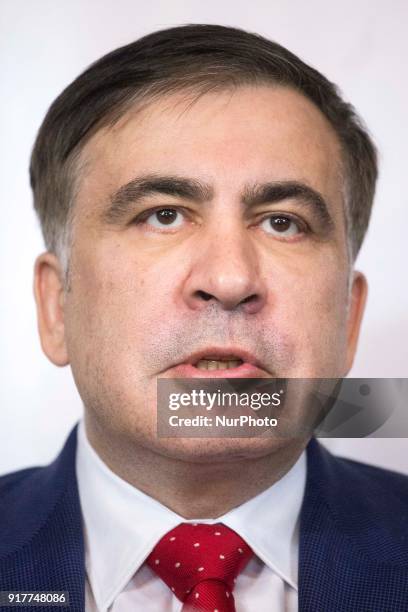 Former Georgian President Mikheil Saakashvili, after deportation from Ukraine to Poland, attends his hirst press conference in Warsaw on February 13,...