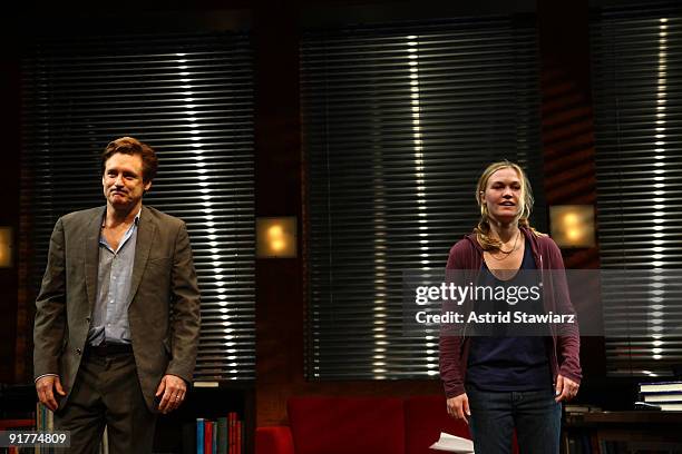 Actors Bill Pullman and Julia Stiles perform during the Broadway opening night of "Oleanna" at the John Golden Theatre on October 11, 2009 in New...