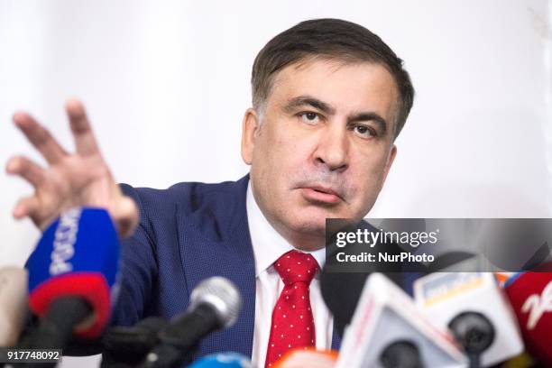 Former Georgian President Mikheil Saakashvili, after deportation from Ukraine to Poland, attends his hirst press conference in Warsaw on February 13,...