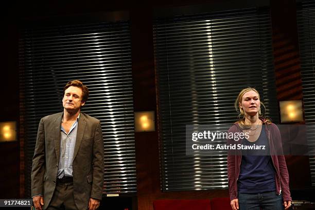 Actors Bill Pullman and Julia Stiles perform during the Broadway opening night of "Oleanna" at the John Golden Theatre on October 11, 2009 in New...