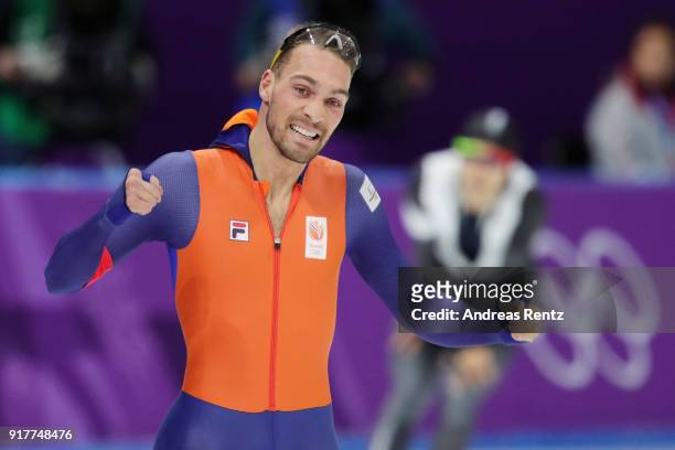 Gold medalist Kjeld Nuis of the Netherlands celebrates after his race during the Men's 1500m Speed Skating on day four of the PyeongChang 2018 Winter...