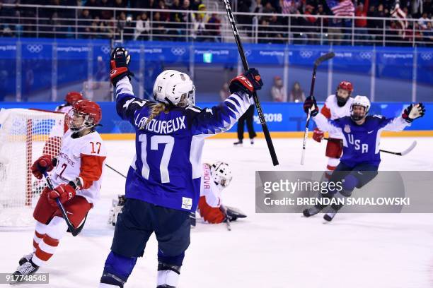 S Jocelyne Lamoureux-Davidson celebrates her goal in the women's preliminary round ice hockey match between the US and Olympic Athletes from Russia...
