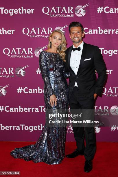 Anna Heinrich and Tim Robards arrive at the Qatar Airways Canberra Launch gala dinner on February 13, 2018 in Canberra, Australia.