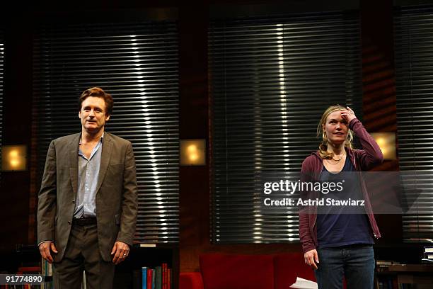 Actors Bill Pullman and Julia Stiles perform during the Broadway opening night of "Oleanna" at the John Golden Theatre on October 11, 2009 in New...