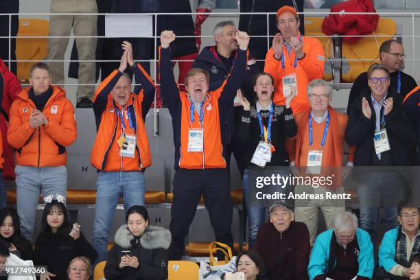 King Willem-Alexander of the Netherlands celebrates the Gold medal of Kjeld Nuis of the Netherlands during the Men's 1500m Speed Skating on day four...