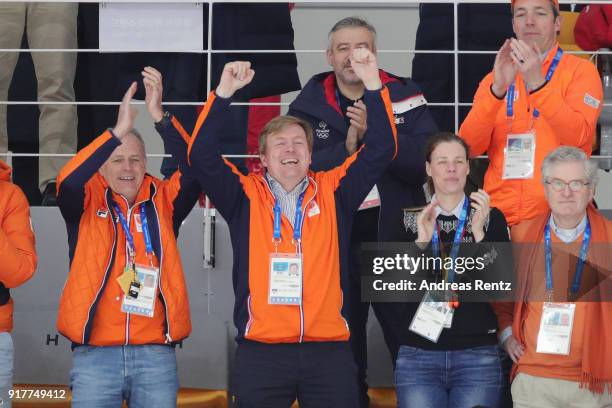 King Willem-Alexander of the Netherlands celebrates the Gold medal of Kjeld Nuis of the Netherlands during the Men's 1500m Speed Skating on day four...