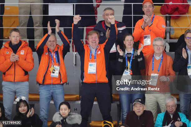 King Willem-Alexander of the Netherlands celebrates the Gold medal of Kjeld Nuis of the Netherlands during the Men's 1500m Speed Skating on day four...