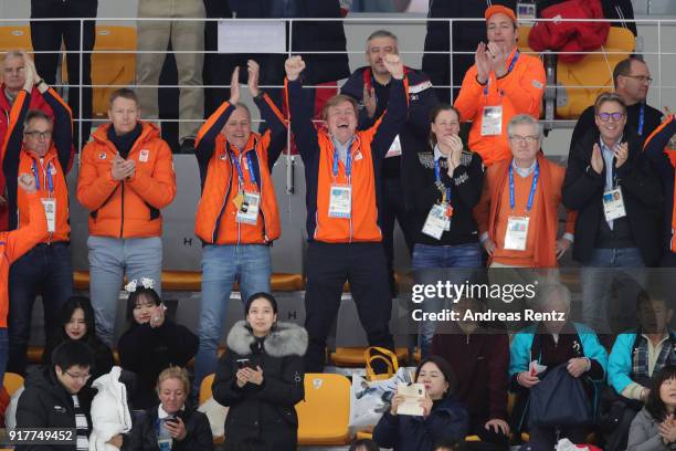 King Willem-Alexander of the Netherlands celebrates the Gold medal of Kjeld Nuis of the Netherlands during the Men's 1500m Speed Skating on day four...