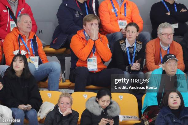 King Willem-Alexander of the Netherlands gestures during the race of Kjeld Nuis of the Netherlands during the Men's 1500m Speed Skating on day four...