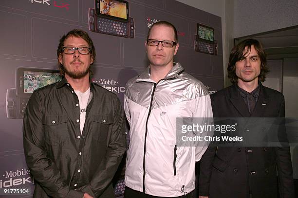 Musicians Scott Shriner, Patrick Wilson and Rivers Cuomo of Weezer attend the T-Mobile Sidekick LX launch event at Paramount Studios, one of 6...