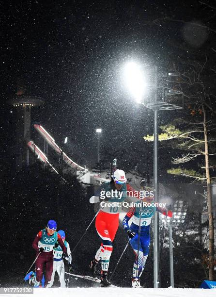 Heidi Weng of Norway and Sadie Bjornsen of United States compete during the Cross-Country Ladies' Sprint Classic Quarterfinal four on day four of the...
