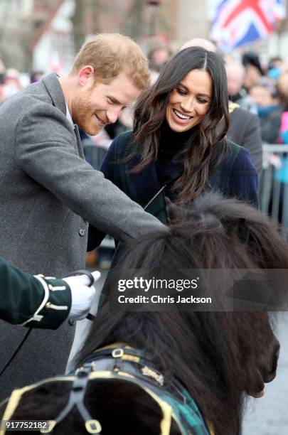 Prince Harry and Meghan Markle greet a pony as they arrive to Edinburgh Castle on February 13, 2018 in Edinburgh, Scotland.