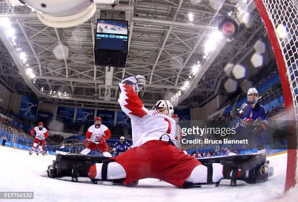 Jocelyne Lamoureux of the United States scores a goal in the second period against Olympic Athletes from Russia during the Women's Ice Hockey...