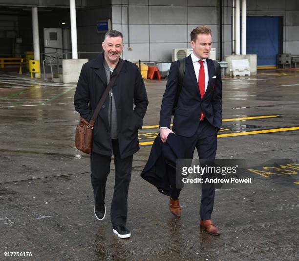 John Aldridge ambassador of Liverpool board the plane for their trip to Porto at Liverpool John Lennon Airport on February 13, 2018 in Liverpool,...