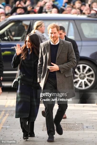 Prince Harry and Meghan Markle arrive at Social Bite cafe in Rose Street on February 13, 2018 in Edinburgh, Scotland.