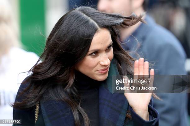 Meghan Markle leaves Social Bite with Prince Harry on February 13, 2018 in Edinburgh, Scotland.