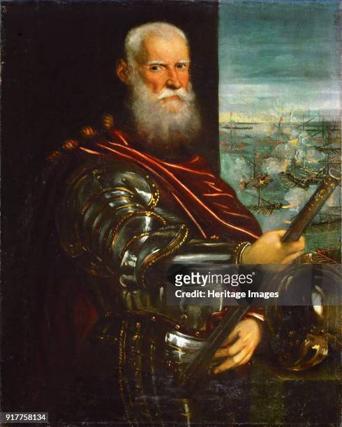 Sebastiano Venier , with the Battle of Lepanto in background. Found in the Collection of Art History Museum, Vienne.