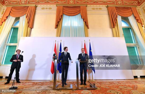 Austrian Chancellor Sebastian Kurz and European Council President Donald Tusk give a press conference on February 13, 2018 at the Chancellery in...