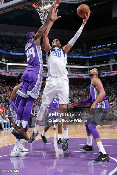 Salah Mejri of the Dallas Mavericks shoots a layup against JaKarr Sampson of the Sacramento Kings on February 3, 2018 at Golden 1 Center in...