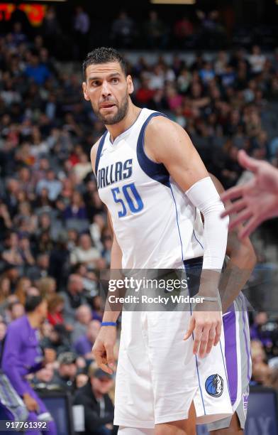 Salah Mejri of the Dallas Mavericks looks on during the game against the Sacramento Kings on February 3, 2018 at Golden 1 Center in Sacramento,...