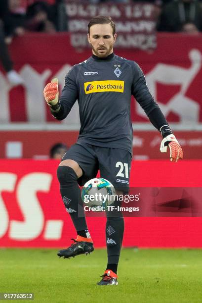 Goalkeeper Tobias Sippel of Moenchengladbach controls the ball during the Bundesliga match between VfB Stuttgart and Borussia Moenchengladbach at...